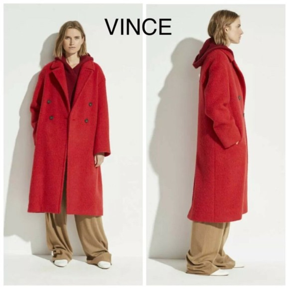 VINCE Double Breasted ALPACA-WOOL Long Coat, Red, Medium